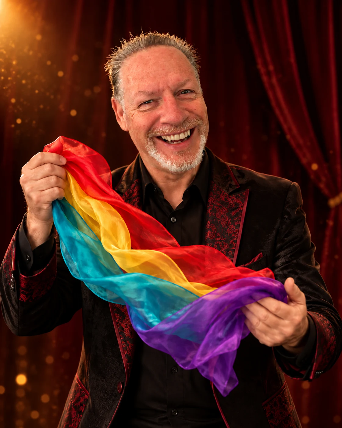 Magic AL smiling as he performs with bright red, yellow, turquoise and purple silks